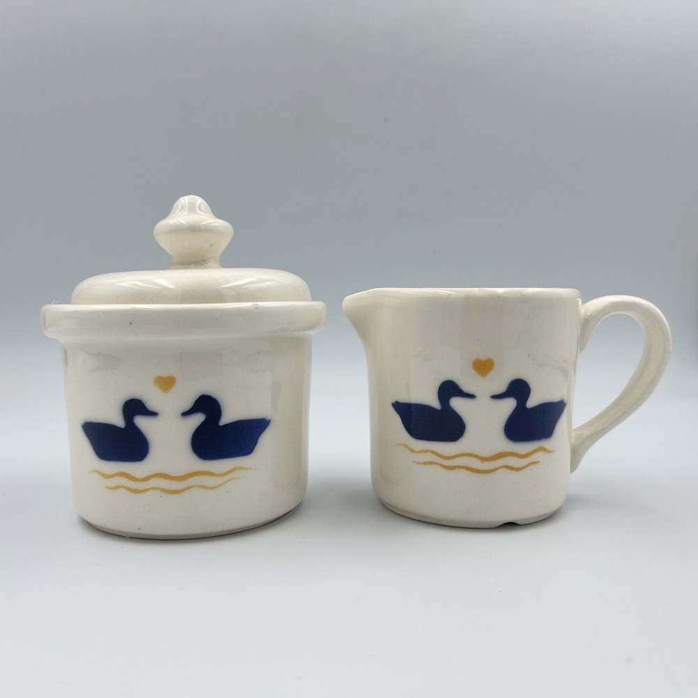 Vintage 70s 80s Creamer Sugar Bowl White Blue‎ Ducks Geese USA Cottagecore FLAW
